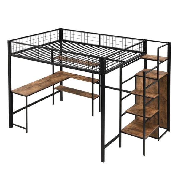 Hems 140x200 cm - jernstel - med skrivebord og hylder - sort