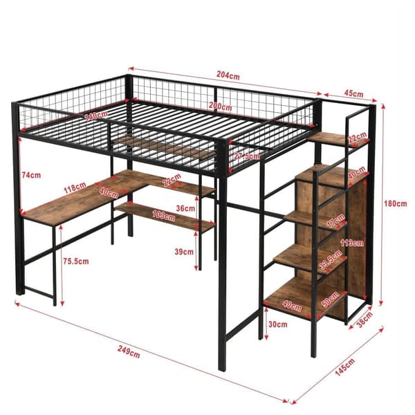 Hems 140x200 cm - jernstel - med skrivebord og hylder - sort