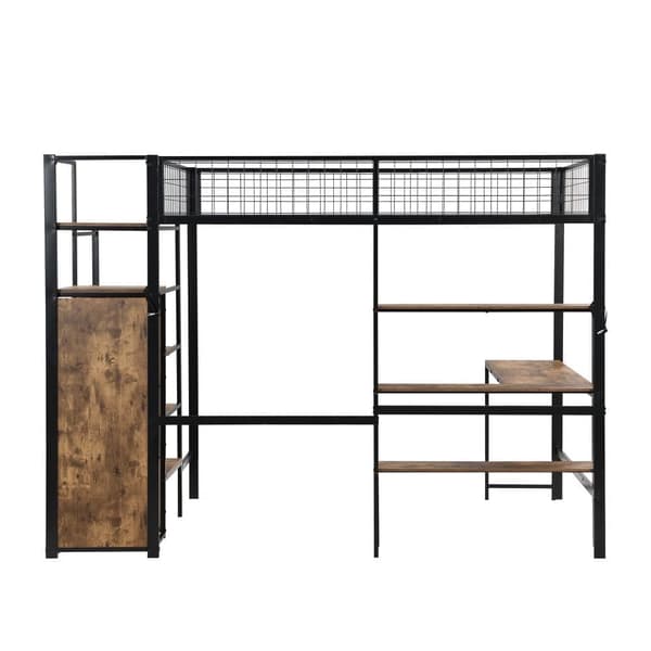 Hems 140x200 cm - jernstel - med skrivebord og hylder - sort