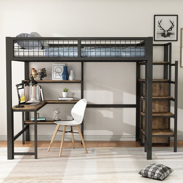 Hems 140x200 cm - jernstel - med skrivebord og hylder - sort