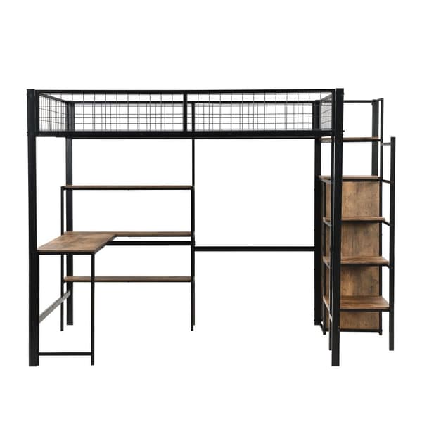 Hems 140x200 cm - jernstel - med skrivebord og hylder - sort