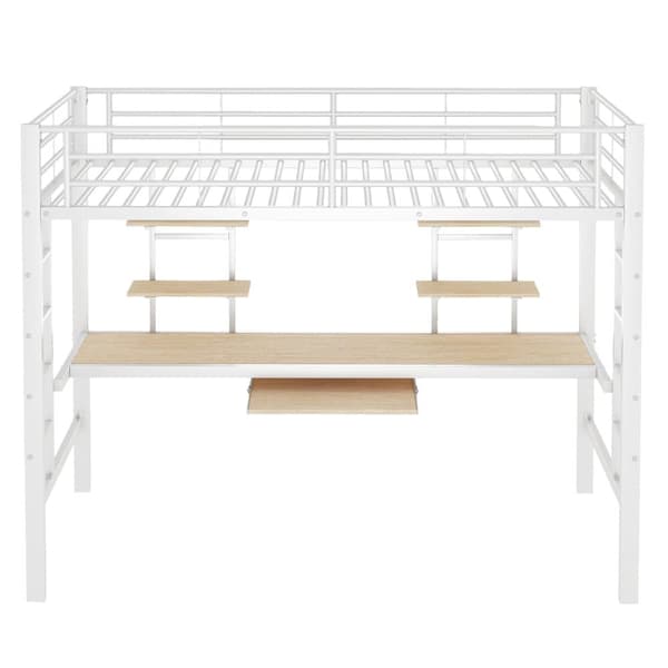 Hems seng 90x200cm - med skrivebord og hylder - metalstel - hvid