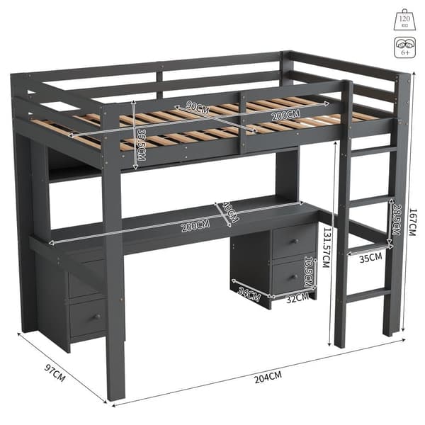 Parvisänky 90 x 200 cm - kirjoituspöydällä ja 2 lipastolla - massiivimäntyä ja MDF - harmaa