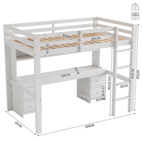 Loftsäng 90 x 200 cm - med skrivbord och 2 byråer - tillverkad av massivt furuträ och MDF - vit
