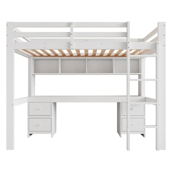 Loftsäng 90 x 200 cm - med skrivbord och 2 byråer - tillverkad av massivt furuträ och MDF - vit
