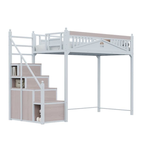Hems i metal 90 x 200 cm - med opbevaringsstige - hvid (madras medfølger ikke)