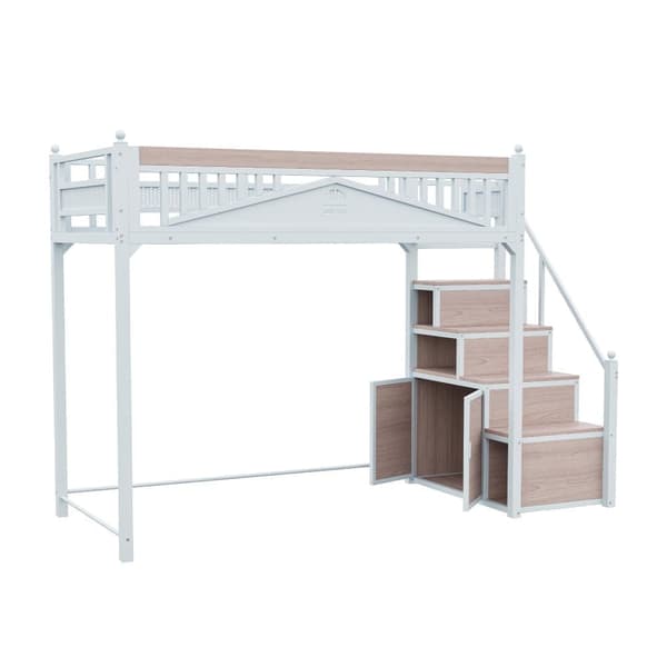 Hems i metal 90 x 200 cm - med opbevaringsstige - hvid (madras medfølger ikke)