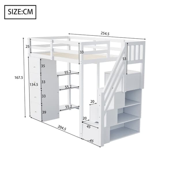 90 x 200 cm midterste seng lavet af massivt træ - med 4 skuffer og opbevaringstrapper - hvid (madras medfølger ikke)