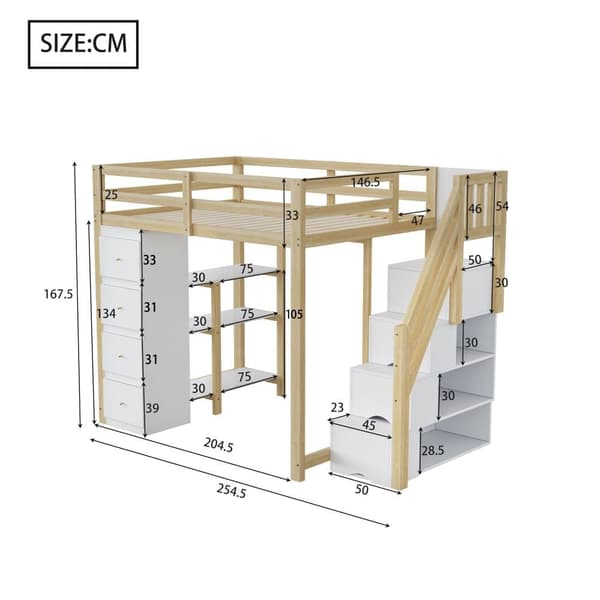 140x200cm hems seng lavet af massivt træ - med 4 skuffer og opbevaringstrapper - naturlig (madras medfølger ikke)