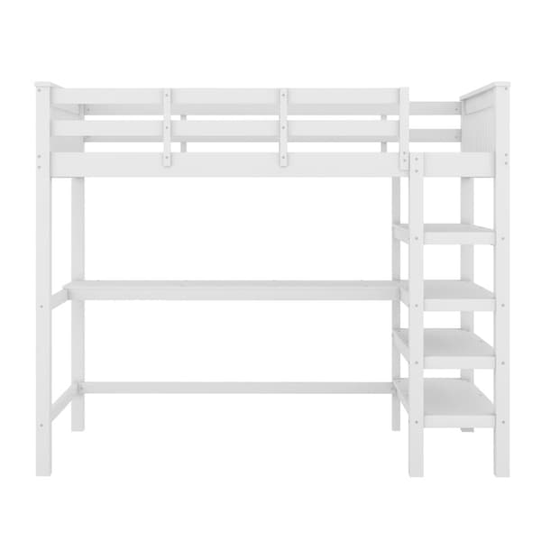 90 x 200 cm mellansäng av massivt furuträ med skrivbord och förvaringsfack - vit