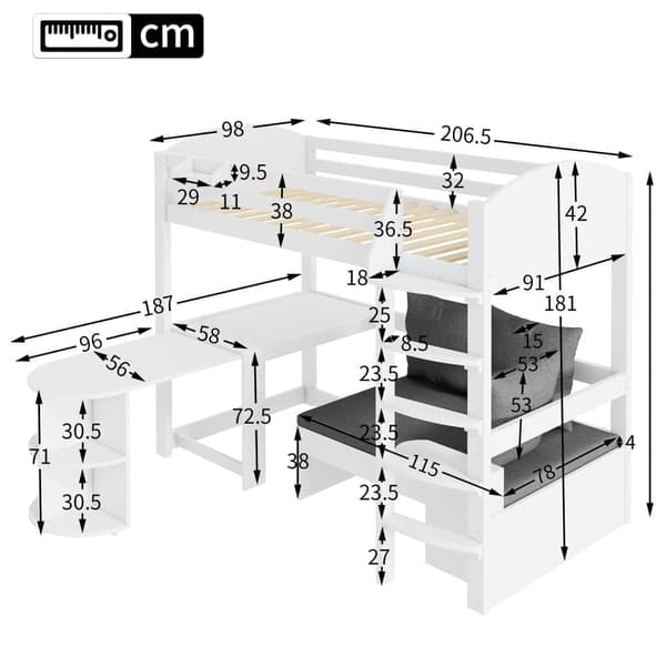Hems seng børn hvid 90x200 med stigebord sofa opbevaring hynder træ