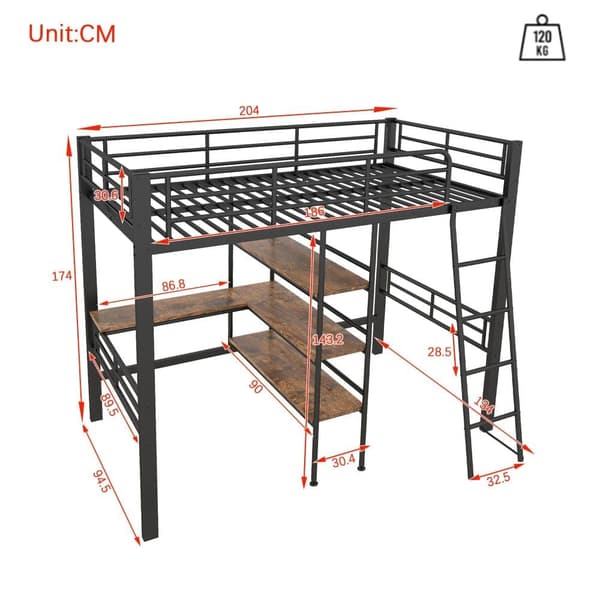 Hems 90 x 200 cm - med skrivebord og hylder - sort