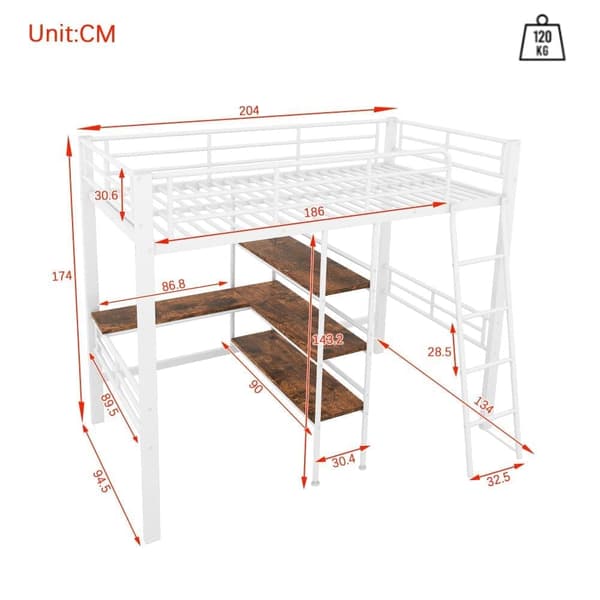 Mezzanin Seng 90 x 200 cm - med Skrivebord og Hylder - Hvid