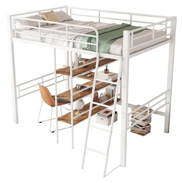 Mezzanin Seng 90 x 200 cm - med Skrivebord og Hylder - Hvid