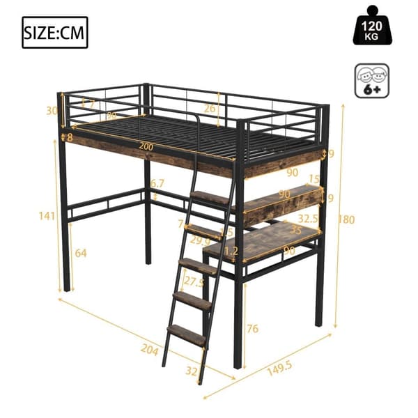 Mezzanine-säng 90x200cm - med skrivbord + hyllor + barriärer - Svart