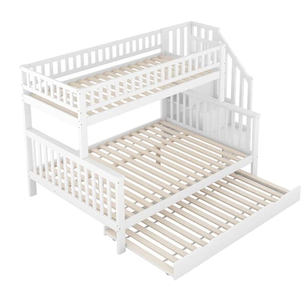Køjeseng i træ - 2 x 90 x 200 cm + 140 x 200 cm - med opbevaringstrappe - hvid