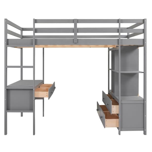 140 x 200 cm mellansäng av massivt furuträ med skrivbord + lådor + hyllor + spjälor - grå
