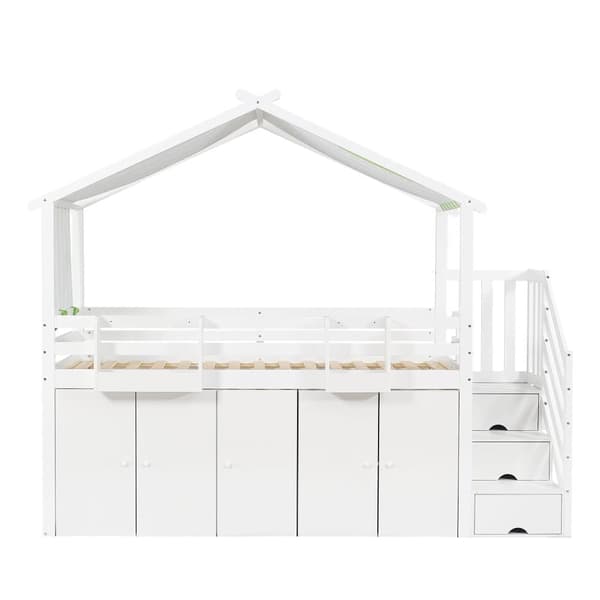 Køjeseng 90x200 cm - massivt træ - med 1 garderobeskab, 2 skabe og opbevaringstrappe - hvid