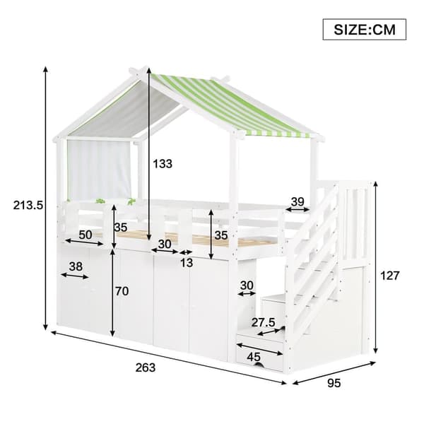 Køjeseng 90x200 cm - massivt træ - med 1 garderobeskab, 2 skabe og opbevaringstrappe - hvid