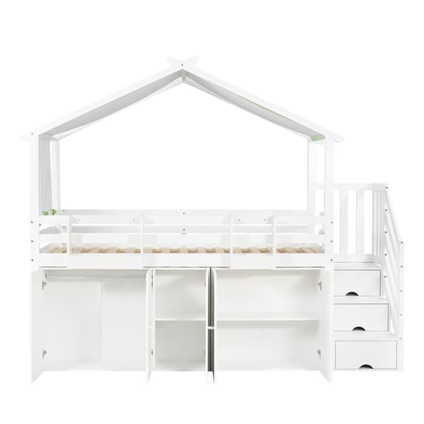 Køjeseng 90x200 cm - massivt træ - med 1 garderobeskab, 2 skabe og opbevaringstrappe - hvid