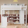 Pikkukuva 1 / 9: Parvisänky mäntypuusta ja MDF: stä - 90 x 200 cm - hyllyt yläpuolella, kirjoituspöytä ja vaatekaappi - valkoinen
