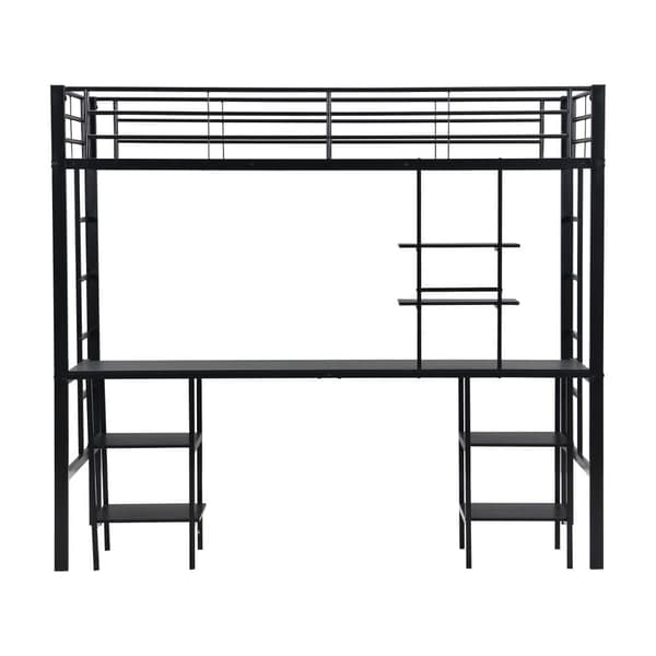 Hems seng 90x200 cm - med skrivebord og hylder - jernstel - sort