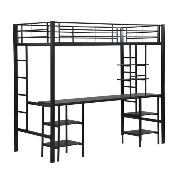 Hems seng 90x200 cm - med skrivebord og hylder - jernstel - sort