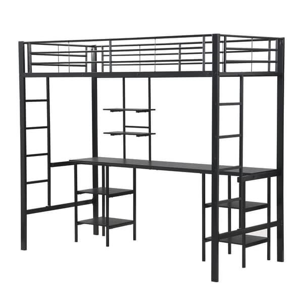 Hems seng 90x200 cm - med skrivebord og hylder - jernstel - sort
