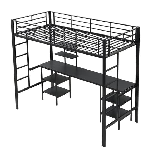 Hems seng 90x200 cm - med skrivebord og hylder - jernstel - sort