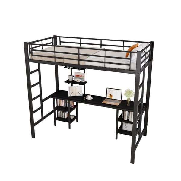 Hems seng 90x200 cm - med skrivebord og hylder - jernstel - sort