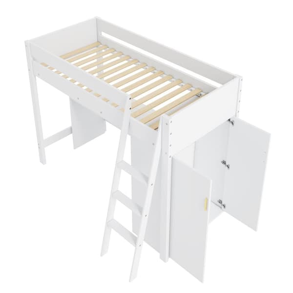 Puinen kerrossänky 90x200cm - kirjoituspöydällä ja modulaarisella vaatekaapilla - valkoinen