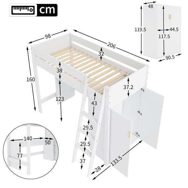 Puinen kerrossänky 90x200cm - kirjoituspöydällä ja modulaarisella vaatekaapilla - valkoinen