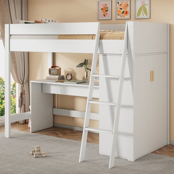 Puinen kerrossänky 90x200cm - kirjoituspöydällä ja modulaarisella vaatekaapilla - valkoinen