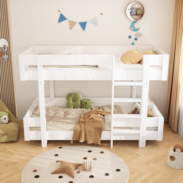 Våningssäng för barn 90x200 cm - med stege och räcke - enkel design - vit (utan madrass)