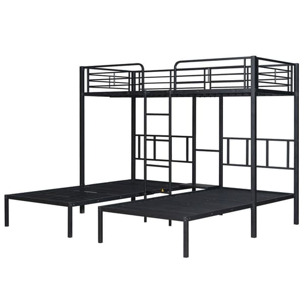 Tre-køjeseng 3x90x200cm med stige og bakke - Metalstel - Sort