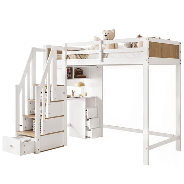 Loftseng i træ - 90 x 200 cm - med skrivebord, hylder og opbevaringstrappe - hvid