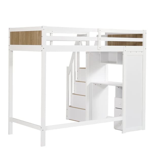 Loftseng i træ - 90 x 200 cm - med skrivebord, hylder og opbevaringstrappe - hvid