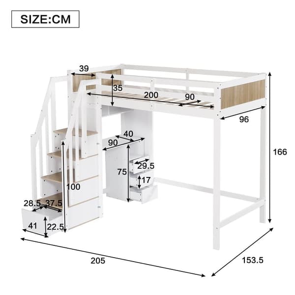 Loftseng i træ - 90 x 200 cm - med skrivebord, hylder og opbevaringstrappe - hvid