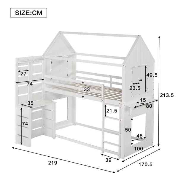 Parvisänky 90x200 cm massiivipuusta - kirjoituspöydällä ja tikkailla - valkoinen