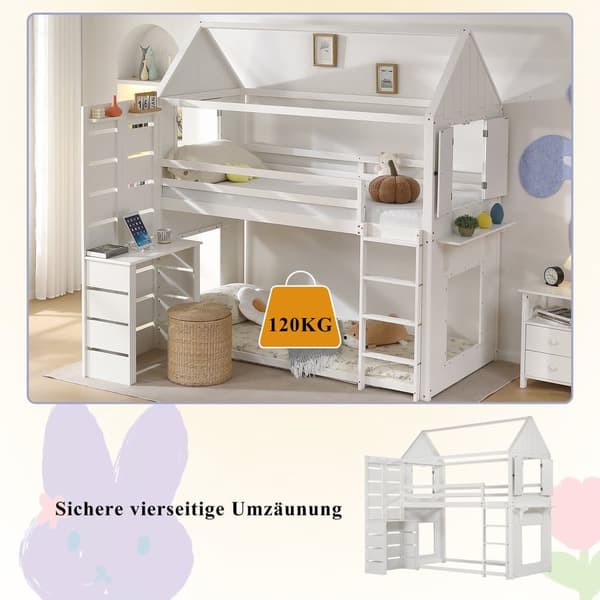 Parvisänky 90x200 cm massiivipuusta - kirjoituspöydällä ja tikkailla - valkoinen