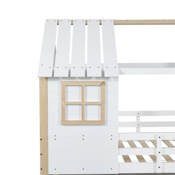 Våningssäng i massivt trä - 90 x 200 cm - med fönster och trappa - vit