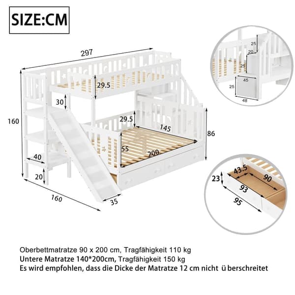 Køjeseng 90x200 + 140x200 cm - massivt træ - med rutsjebane, hylde og 2 store skuffer - hvid
