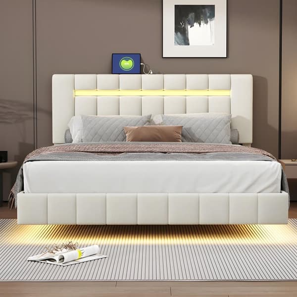 Sengelinned møbleret seng - 160x200cm - med LED-belysning og USB-opladningsporte - Beige