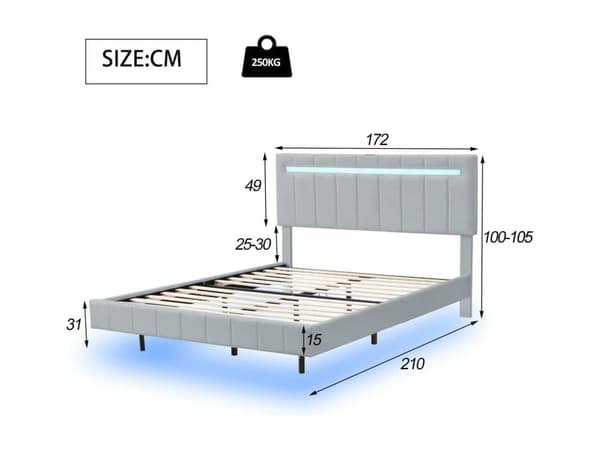 Seng betrukket i hør - 160x200cm - med LED-belysning og USB-opladningsporte - grå