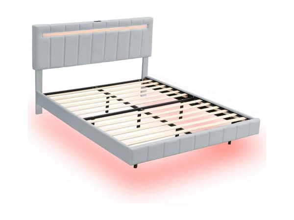 Seng betrukket i hør - 160x200cm - med LED-belysning og USB-opladningsporte - grå