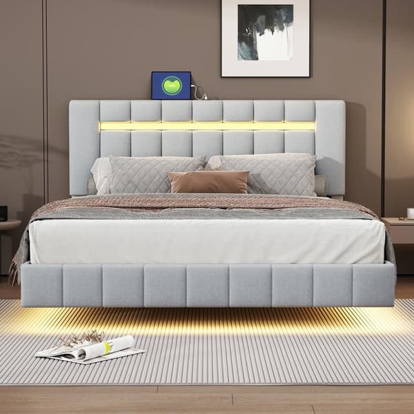 Seng betrukket i hør - 160x200cm - med LED-belysning og USB-opladningsporte - grå
