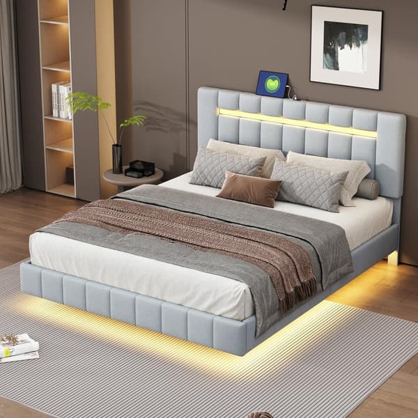 Seng betrukket i hør - 160x200cm - med LED-belysning og USB-opladningsporte - grå