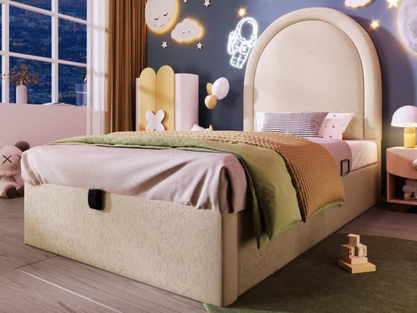 Klädd barnsäng i mönstrad läderimitation - med förvaring - Beige
