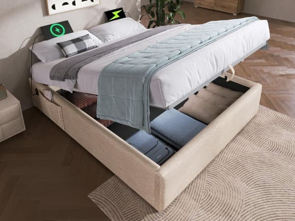 Polstret sovesofa 160×200cm - hørstof - med ladestik og elastisk bund - Beige