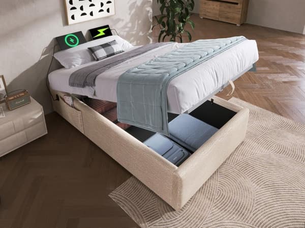 Polstret sovesofa 90×200cm - hørstof - med ladestik og elastisk bund - Beige